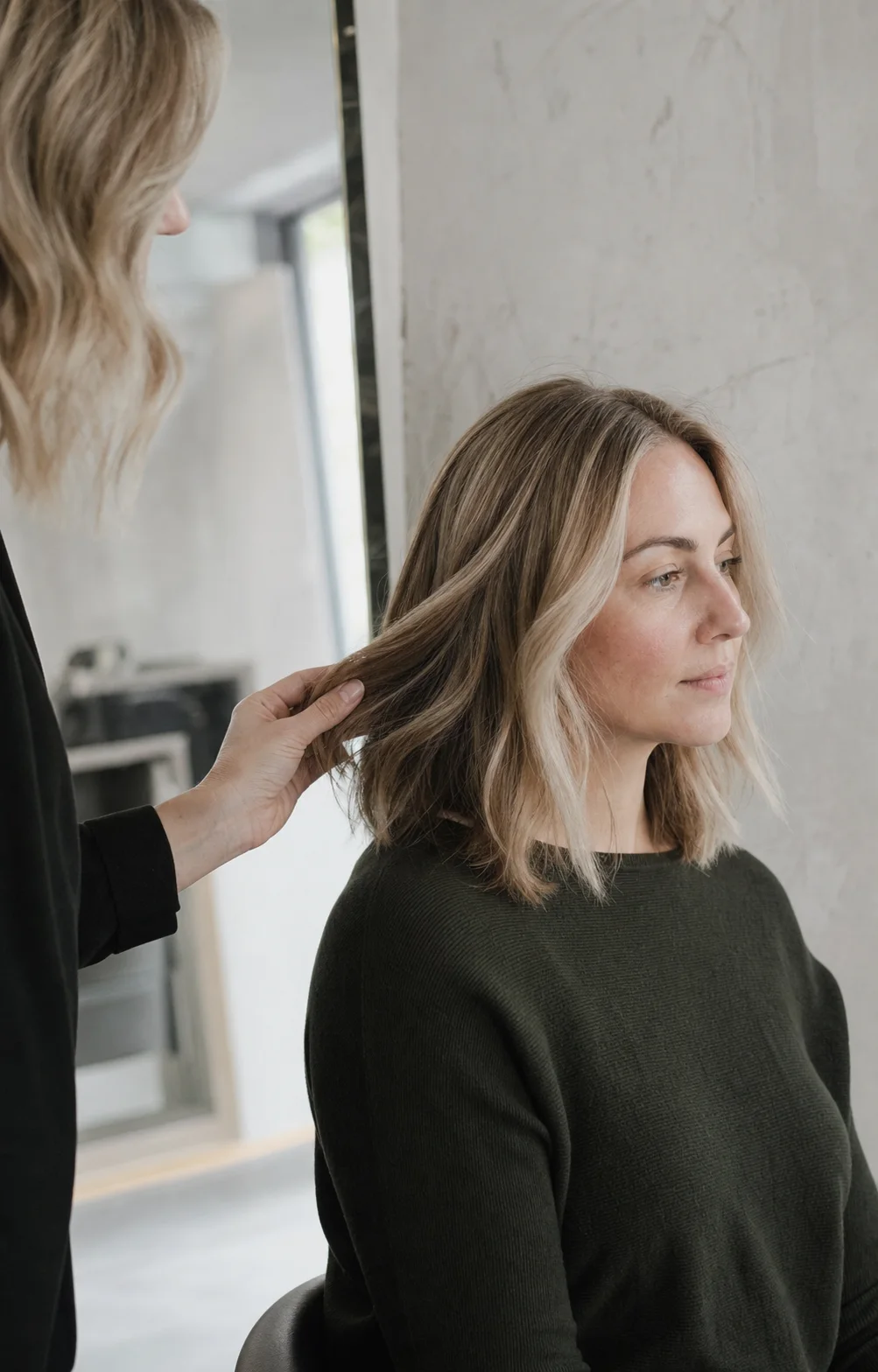 Friseurin betrachtet das Balayage-Haar einer Kundin